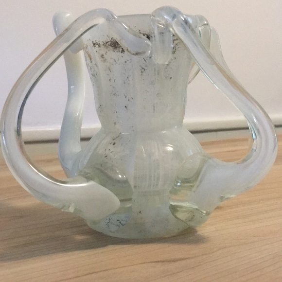 5” tall Handblown vintage one-of-a-kind white milky clear metal fleck heavy vase - Picture 8 of 17